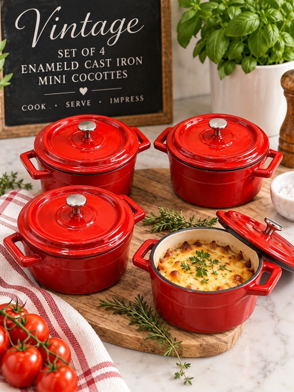 Vintage Set of 4 Red Enameled Cast IronMini Cocottes With Lids